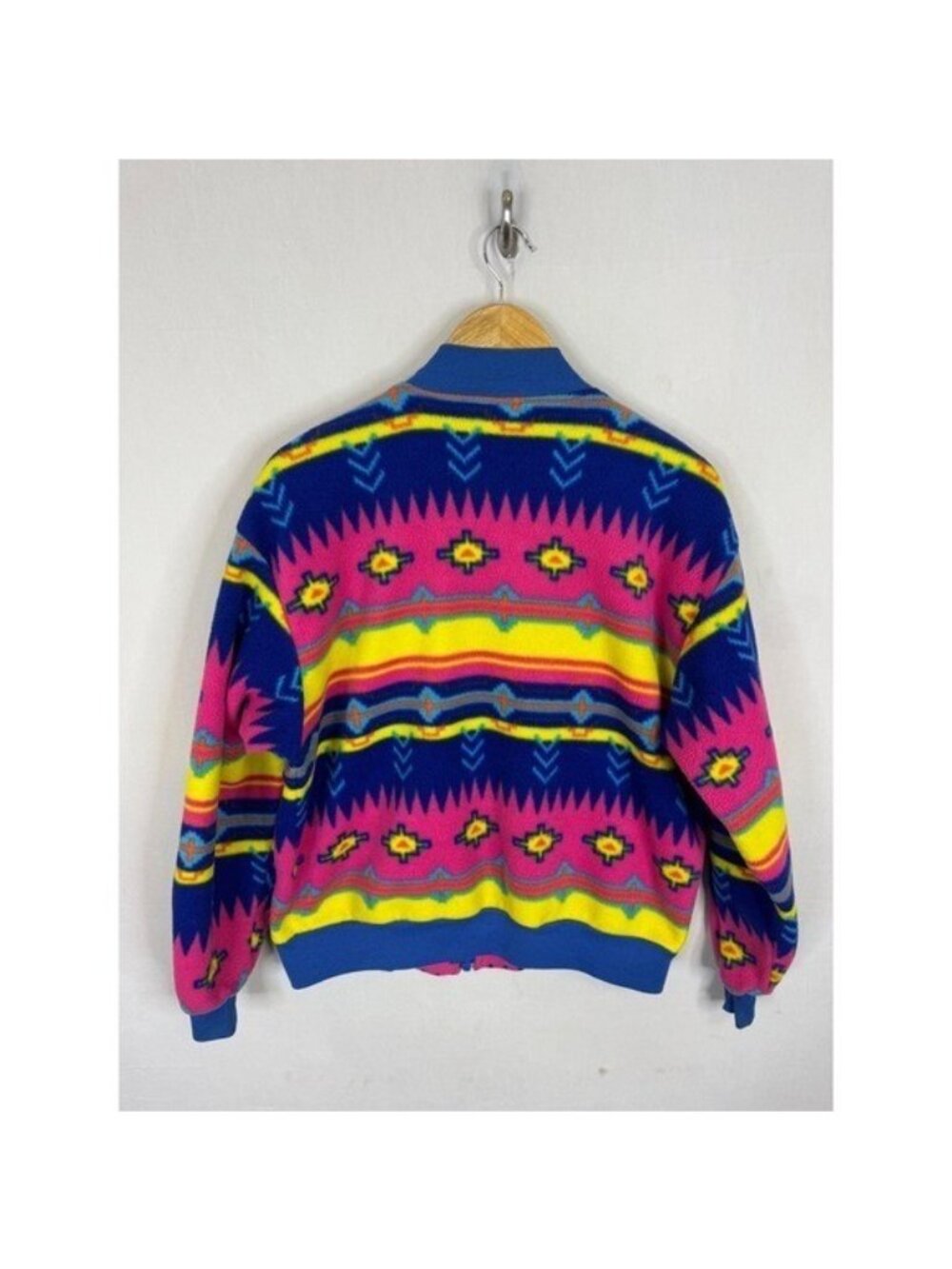 Vintage Kactus Fleece Bomber Jacket Southwestern Geometric Neon Blue Pink M - Picture 2 of 12